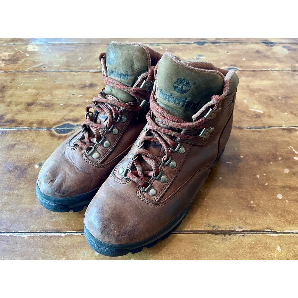Vintage Timberland Euro Hiker Boots Brown Leather Mens 8.5M 90s Classic Hiking